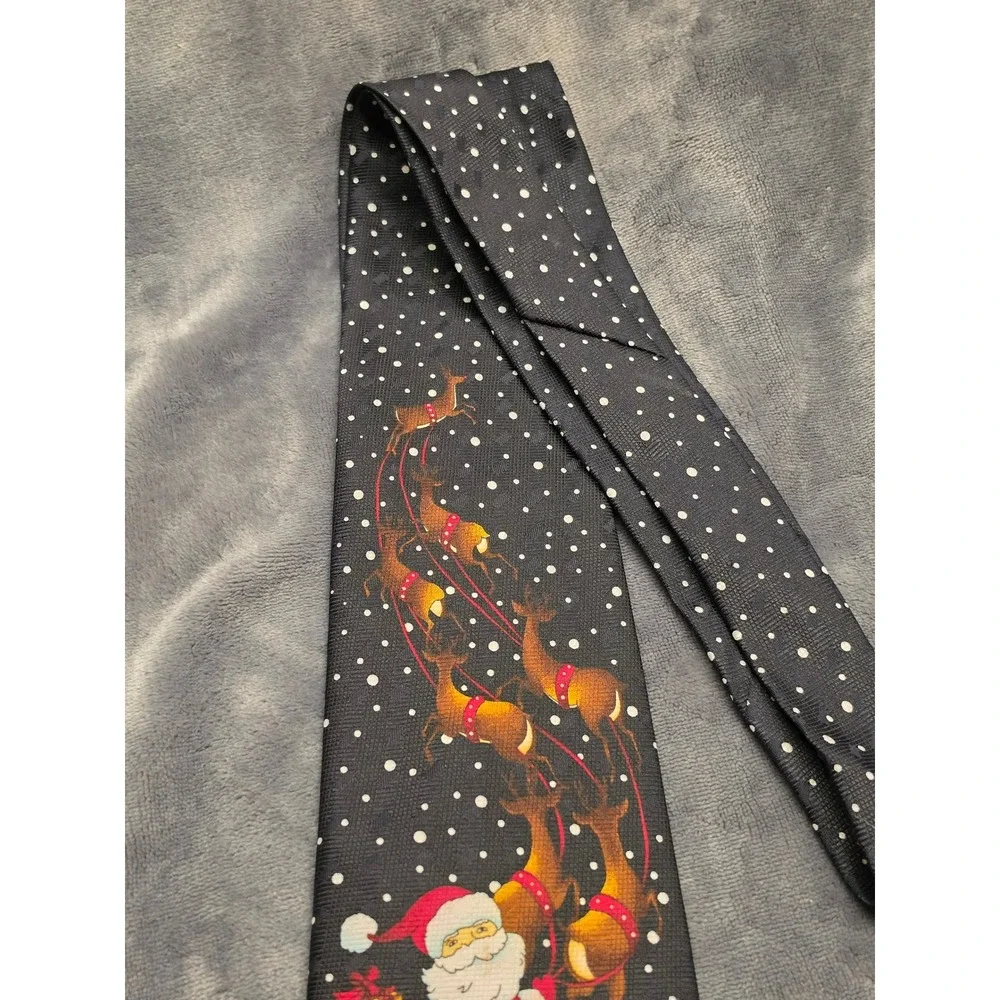 Rene Chagal Mens Christmas Tie Santa Reindeer Polka Dot Black Novelty Handmade